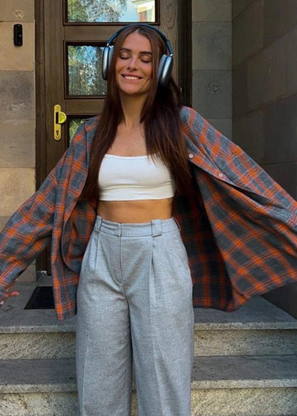 Vintage-InspiRed Plaid Shirt - Relaxed Fit with Lapels and Pocket