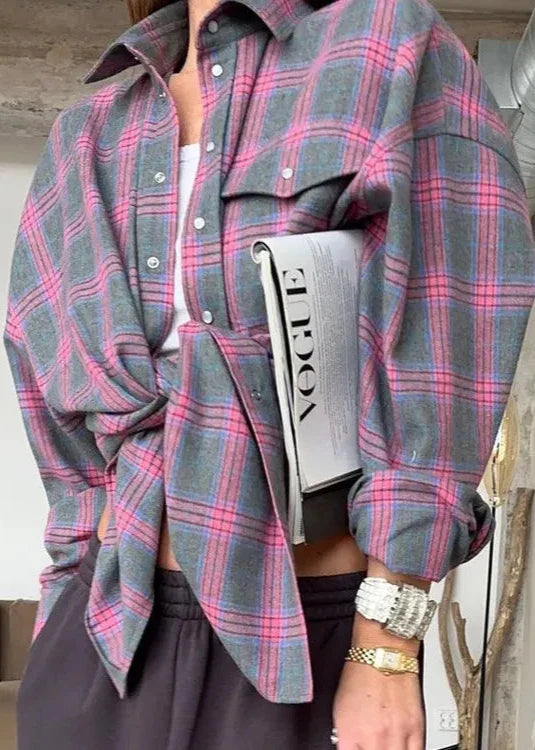 Retro Plaid Loose Shirt - Lapels, Long Sleeve with Pocket