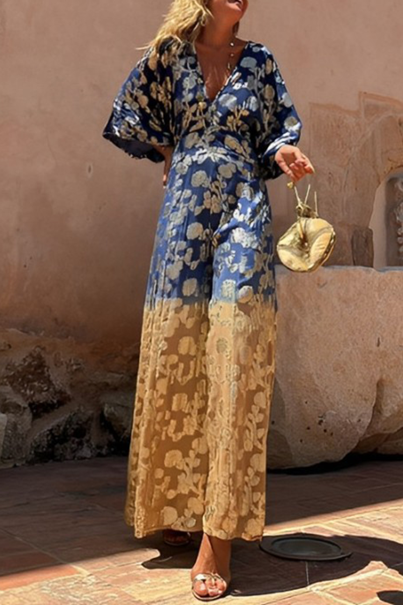 Mono holgado informal de diario con estampado degradado y estampado bronceado y cuello en V