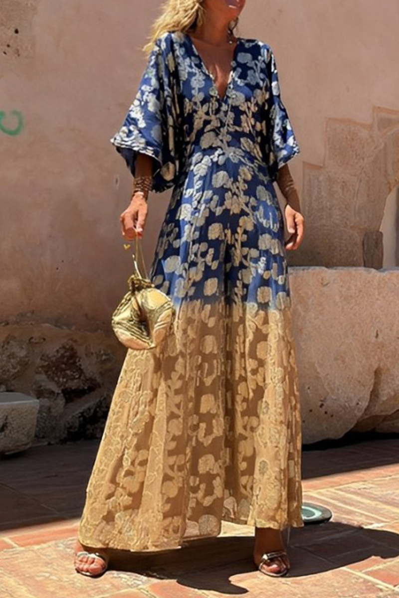 Mono holgado informal de diario con estampado degradado y estampado bronceado y cuello en V