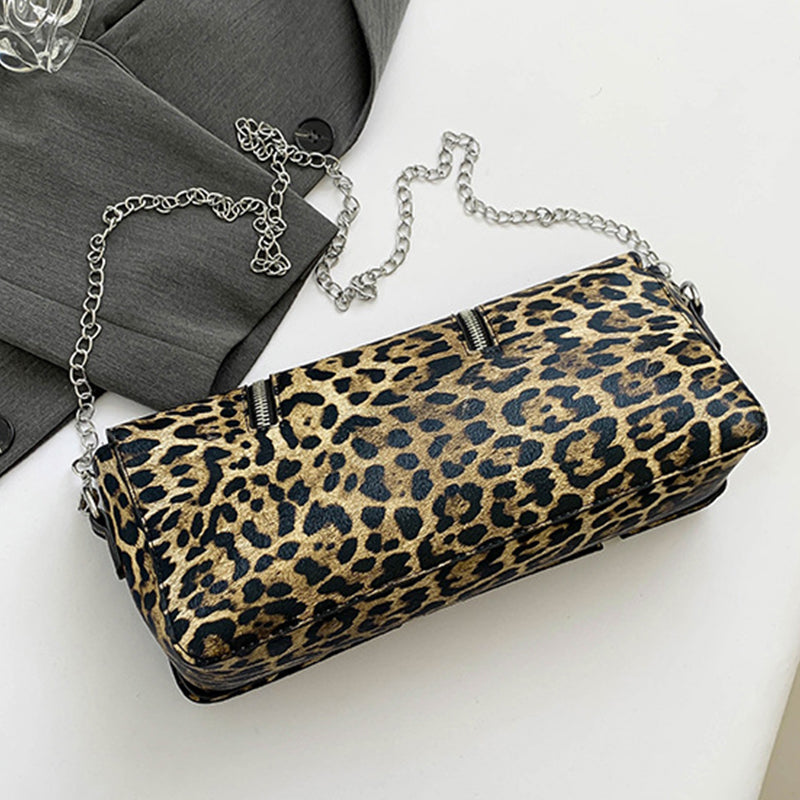 Bolsos casuales con cremallera, cadenas y patchwork con estampado de leopardo