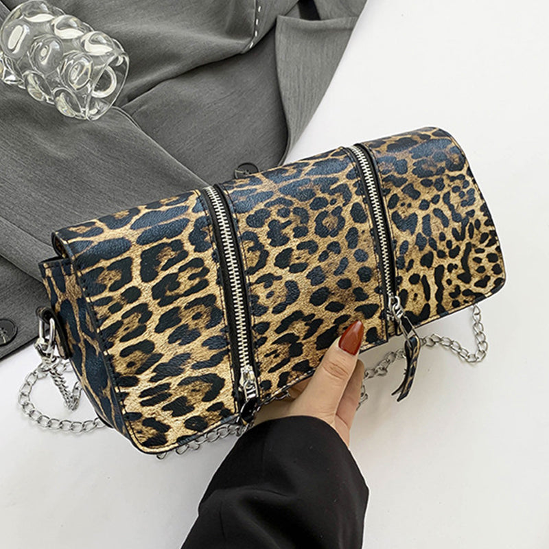 Bolsos casuales con cremallera, cadenas y patchwork con estampado de leopardo