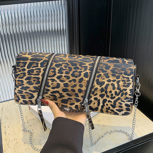 Bolsos casuales con cremallera, cadenas y patchwork con estampado de leopardo