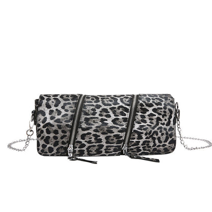 Bolsos casuales con cremallera, cadenas y patchwork con estampado de leopardo