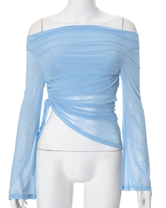 Solid Color Long Sleeve One Shoulder Mesh Splicing Top