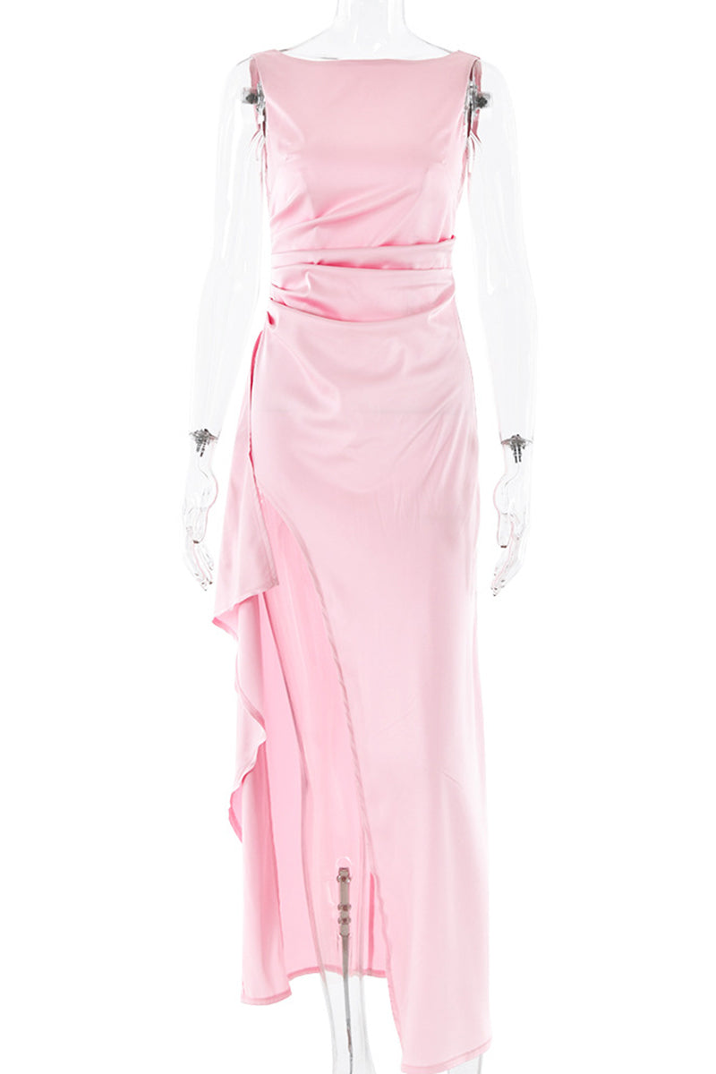 Vestidos de noche sexys de color liso con espalda descubierta y volantes fruncidos con cuello redondo (3 colores)