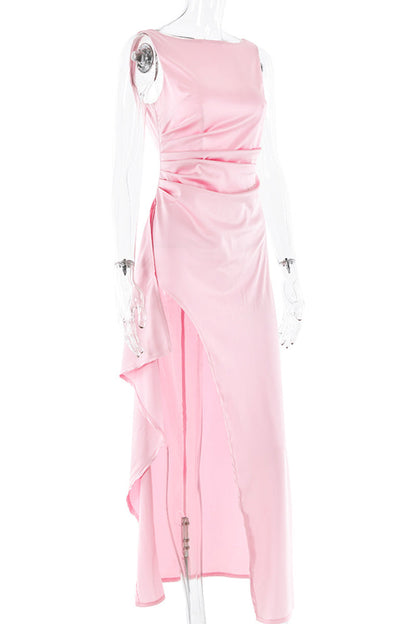 Vestidos de noche sexys de color liso con espalda descubierta y volantes fruncidos con cuello redondo (3 colores)