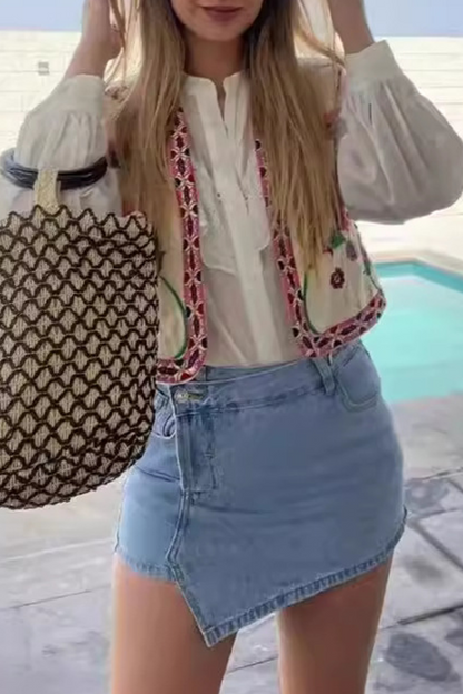 Chalecos casuales con cuello tipo cárdigan bordado y estampado floral