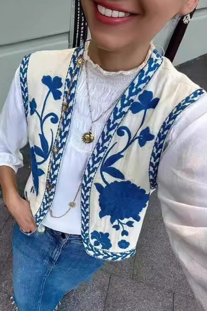 Chalecos casuales con cuello tipo cárdigan bordado y estampado floral