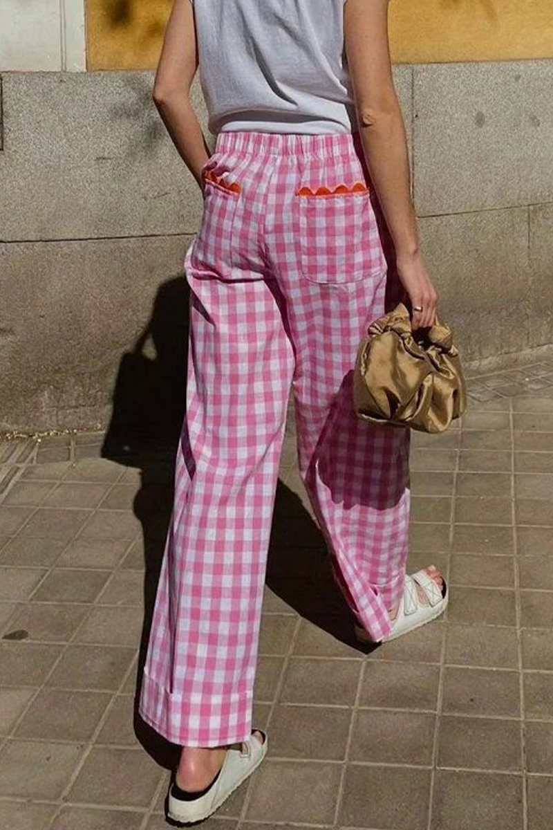 Pantalones casuales de diario con estampado completo, holgados, de cintura alta y rectos, con bolsillos y rayas a cuadros (4 colores)