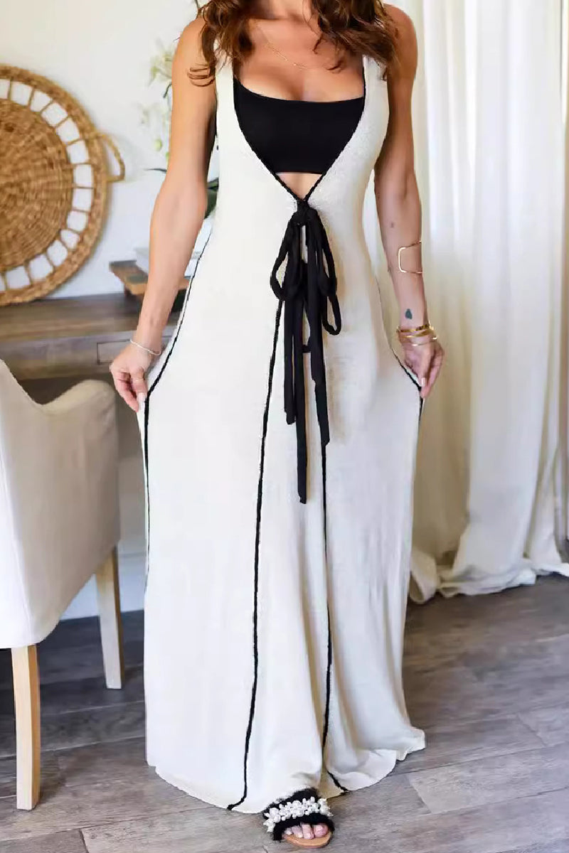 Vestidos largos casuales de patchwork con cinturón y cuello en V