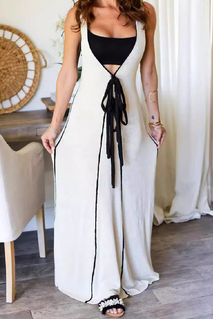 Vestidos largos casuales de patchwork con cinturón y cuello en V