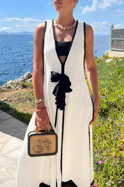 Vestidos largos casuales de patchwork con cinturón y cuello en V