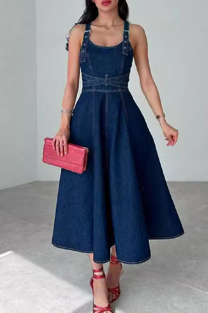 Vestidos casuales de mezclilla ajustados sin mangas con cuello en U de color sólido