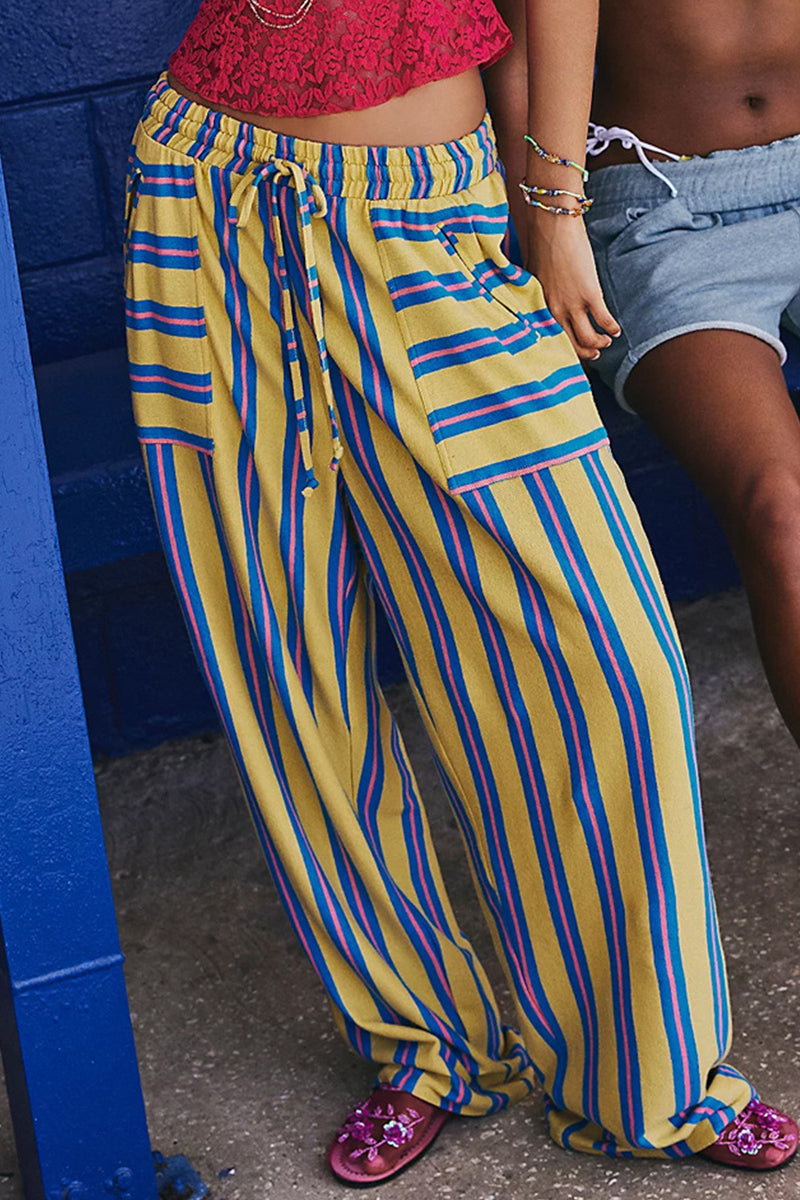 Pantalones casuales de diario con estampado de rayas, bolsillos, cordones, sueltos y rectos, con estampado completo (5 colores)