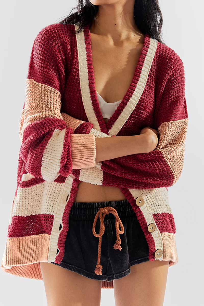 Prenda exterior informal de diario con cuello en V, botones y bolsillos con bloques de color (4 colores)