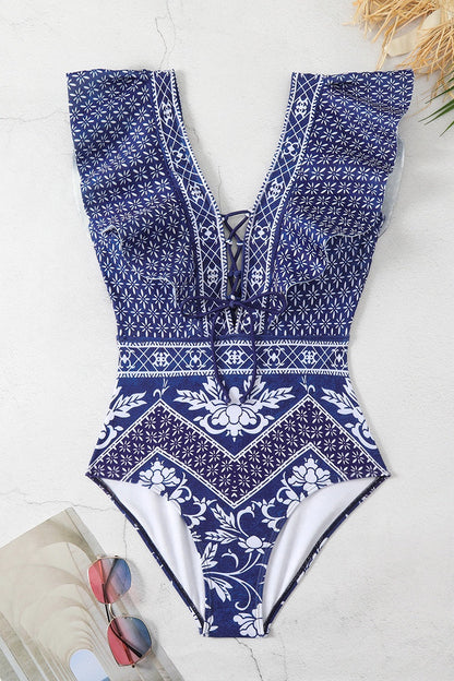 Traje de baño sexy con estampado de patchwork, espalda descubierta, cinturón y relleno