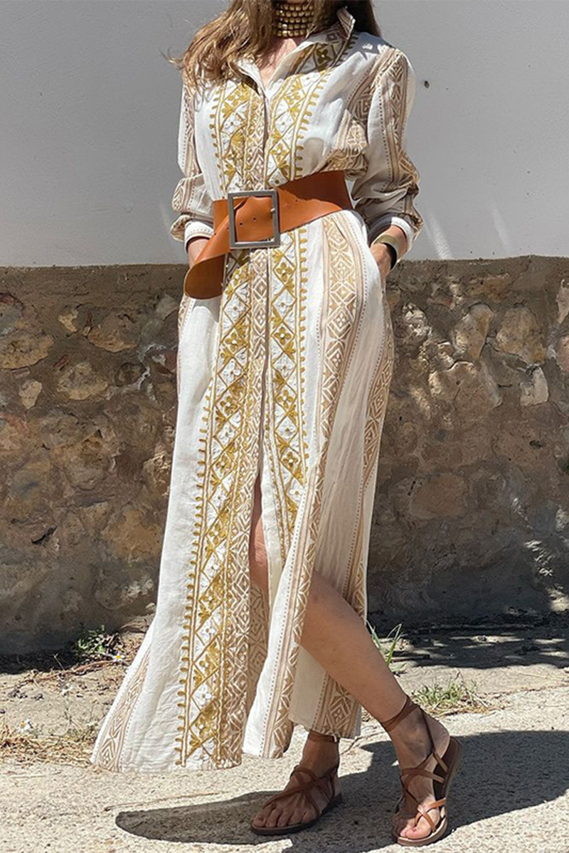 Vestidos camiseros casuales con cuello vuelto y bolsillos con estampado geométrico