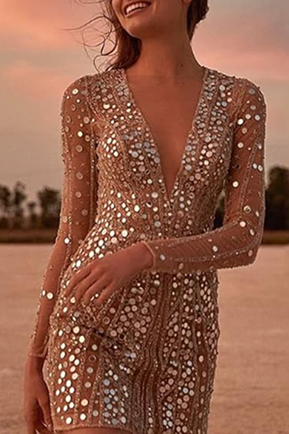 Vestidos de moda elegantes con lentejuelas y retazos de malla transparente con cuello en V y falda lápiz