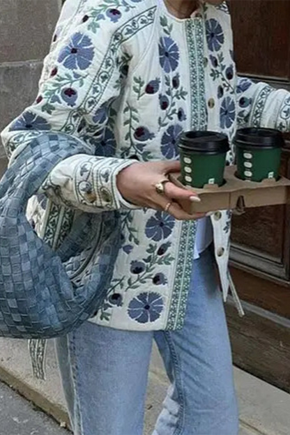 Prendas de abrigo informales con cuello redondo, botones y cordones, con flores de calle