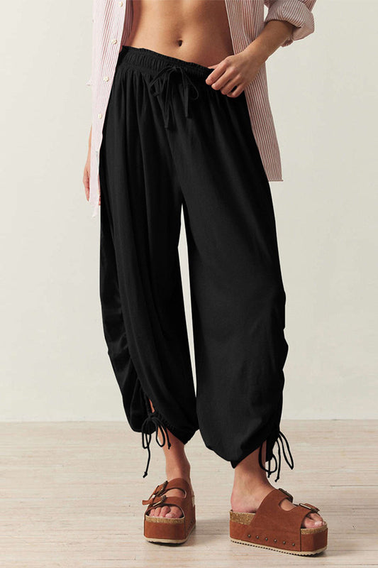 Pantalones casuales de color sólido con cordón ajustable y retazos, sueltos, de cintura alta, de color sólido (6 colores)