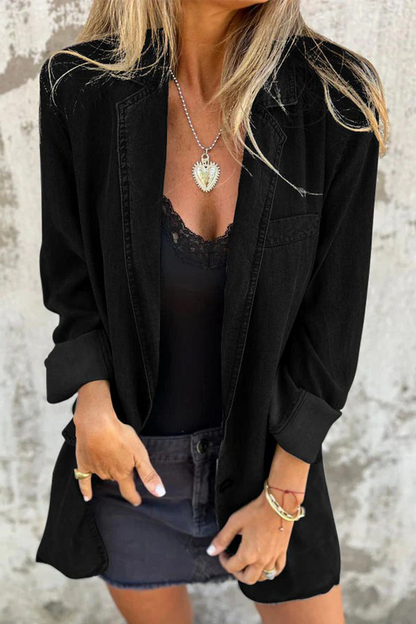 Chaqueta vaquera holgada informal de uso diario con botones de color liso, cuello vuelto y manga larga (4 colores)