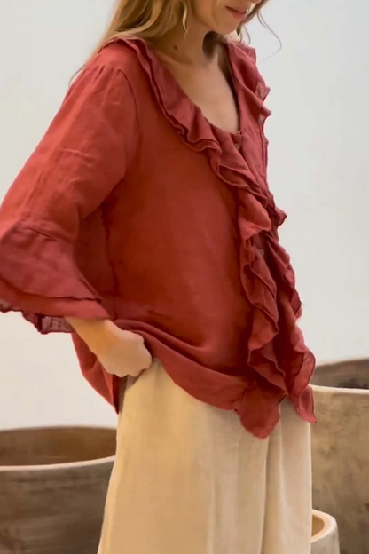 Blusas casuales de cuello en V con volantes de color liso para uso diario (7 colores)