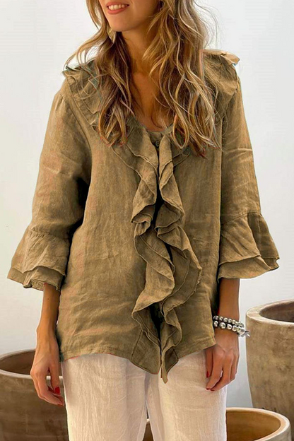 Blusas casuales de cuello en V con volantes de color liso para uso diario (7 colores)