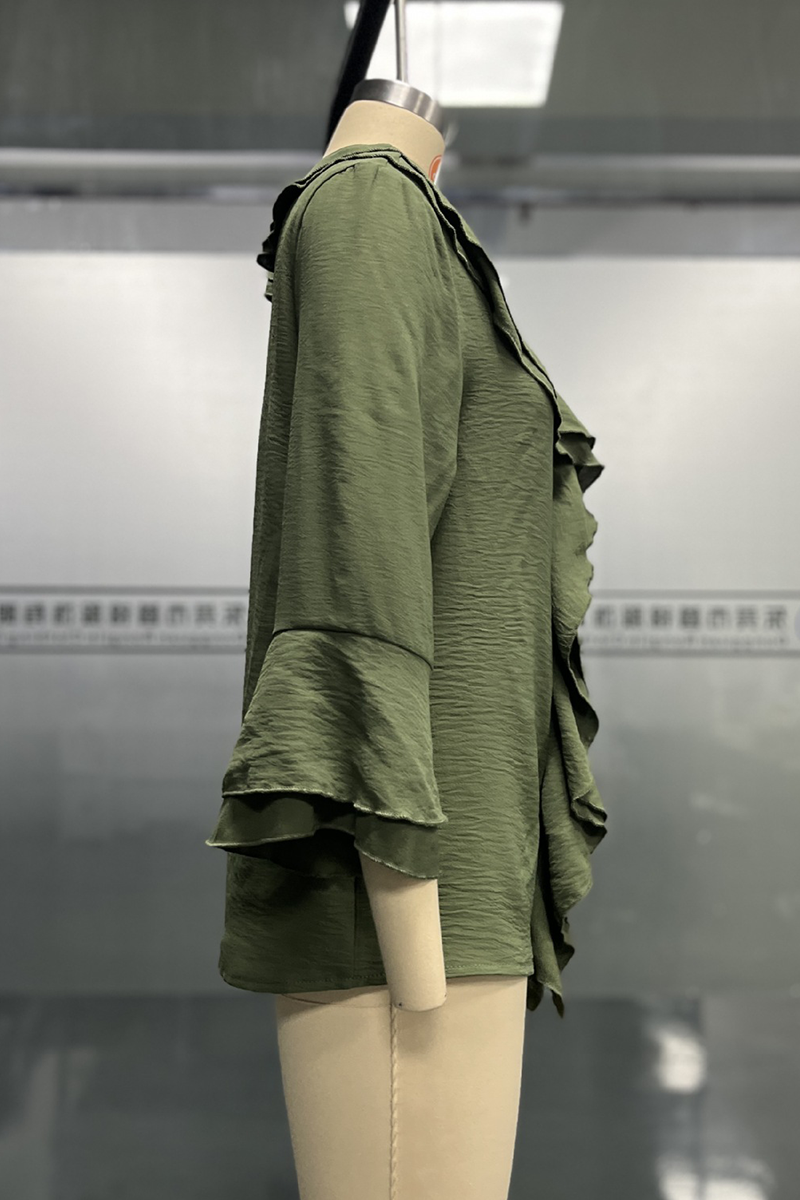 Blusas casuales de cuello en V con volantes de color liso para uso diario (7 colores)