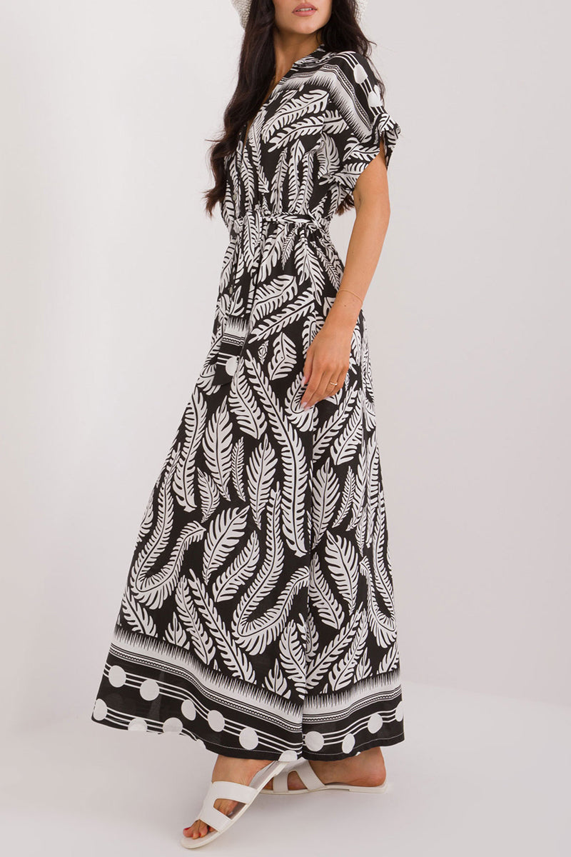 Vestidos casuales de vacaciones con estampado de hojas, cuello en V y cordones (3 colores)