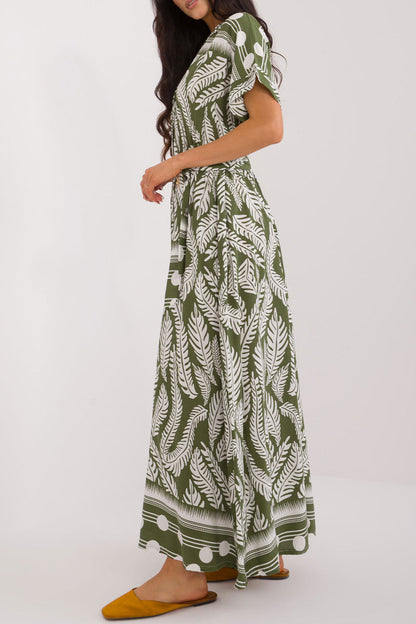 Vestidos casuales de vacaciones con estampado de hojas, cuello en V y cordones (3 colores)