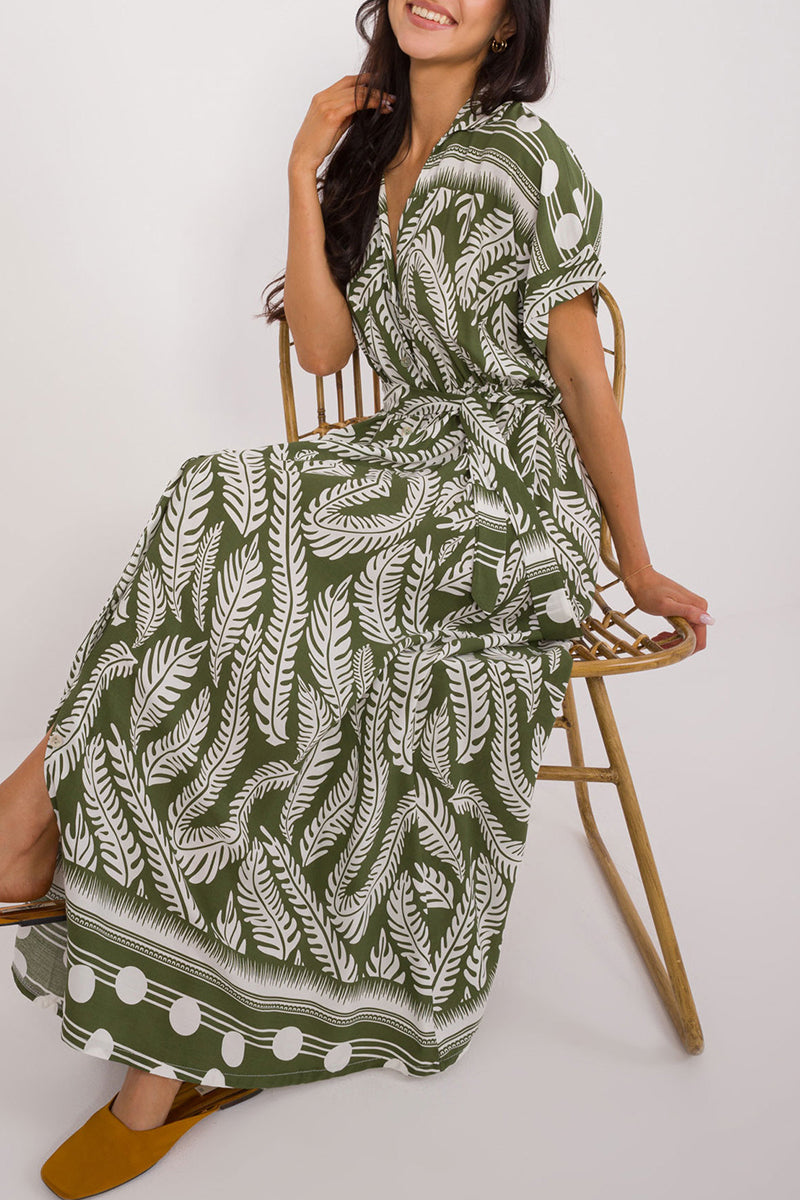 Vestidos casuales de vacaciones con estampado de hojas, cuello en V y cordones (3 colores)