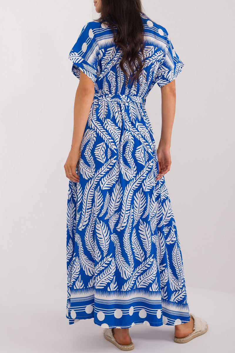 Vestidos casuales de vacaciones con estampado de hojas, cuello en V y cordones (3 colores)