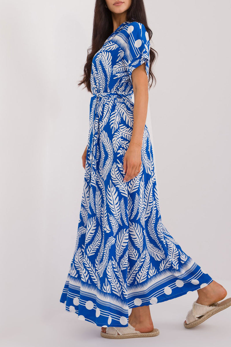 Vestidos casuales de vacaciones con estampado de hojas, cuello en V y cordones (3 colores)