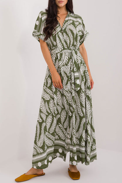 Vestidos casuales de vacaciones con estampado de hojas, cuello en V y cordones (3 colores)