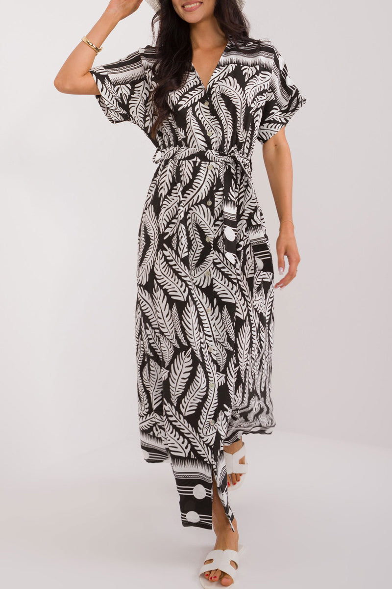 Vestidos casuales de vacaciones con estampado de hojas, cuello en V y cordones (3 colores)