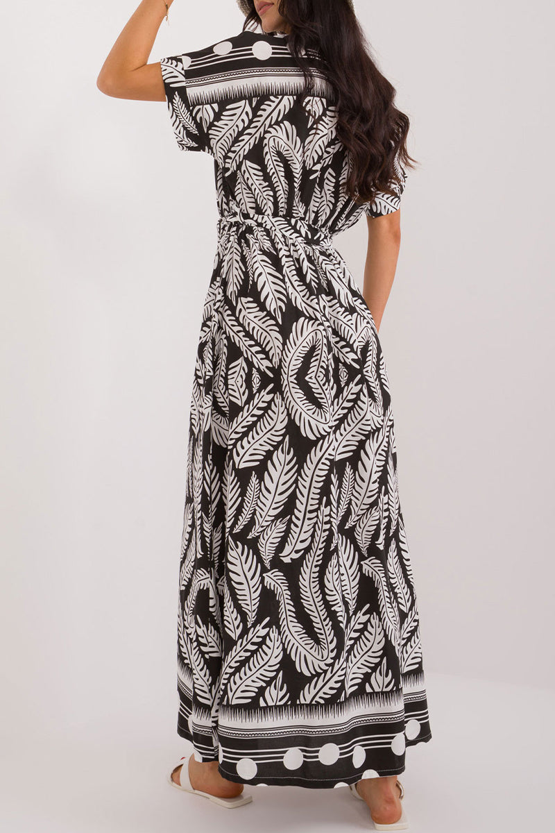 Vestidos casuales de vacaciones con estampado de hojas, cuello en V y cordones (3 colores)