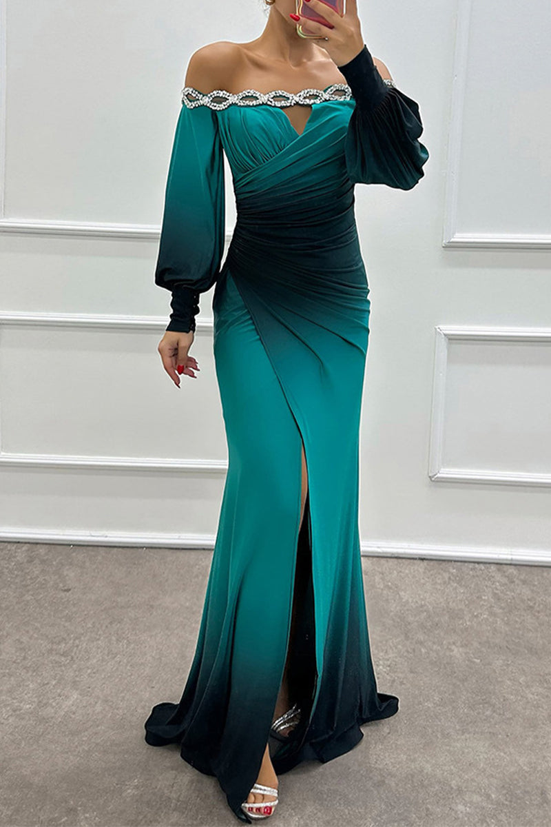 Vestidos largos sexys con hombros descubiertos, fruncidos, estampado degradado y aberturas para fiesta de graduación (7 colores)