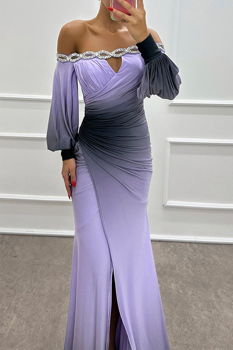 Vestidos largos sexys con hombros descubiertos, fruncidos, estampado degradado y aberturas para fiesta de graduación (7 colores)