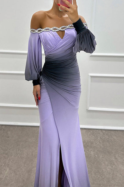 Vestidos largos sexys con hombros descubiertos, fruncidos, estampado degradado y aberturas para fiesta de graduación (7 colores)