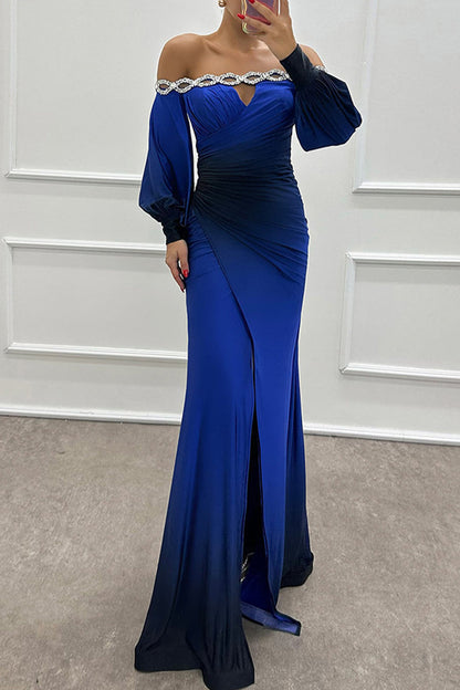 Vestidos largos sexys con hombros descubiertos, fruncidos, estampado degradado y aberturas para fiesta de graduación (7 colores)