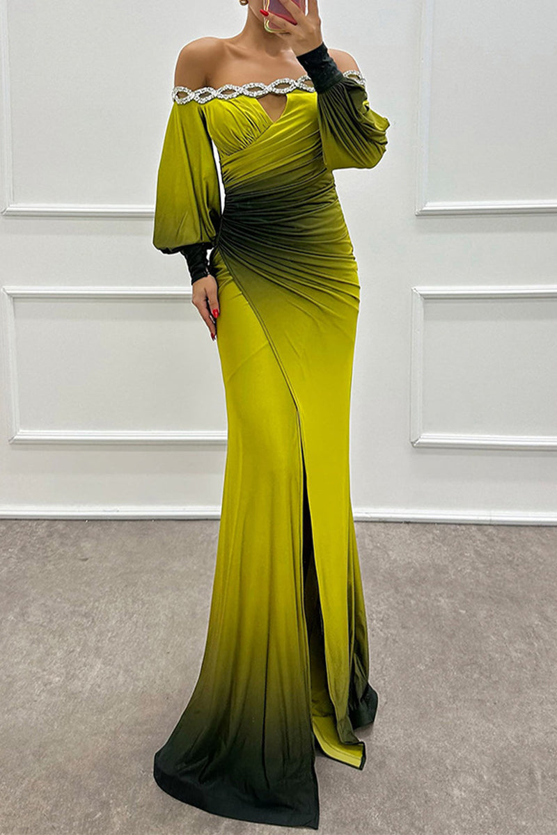 Vestidos largos sexys con hombros descubiertos, fruncidos, estampado degradado y aberturas para fiesta de graduación (7 colores)