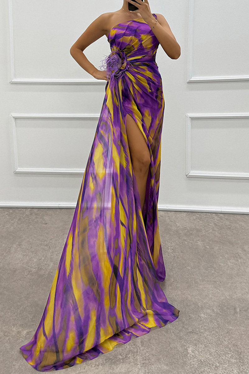 Vestido de noche sexy con estampado ombré, abertura irregular en contraste y hombros caídos (5 colores)