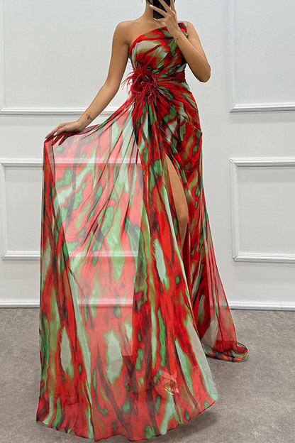 Vestido de noche sexy con estampado ombré, abertura irregular en contraste y hombros caídos (5 colores)