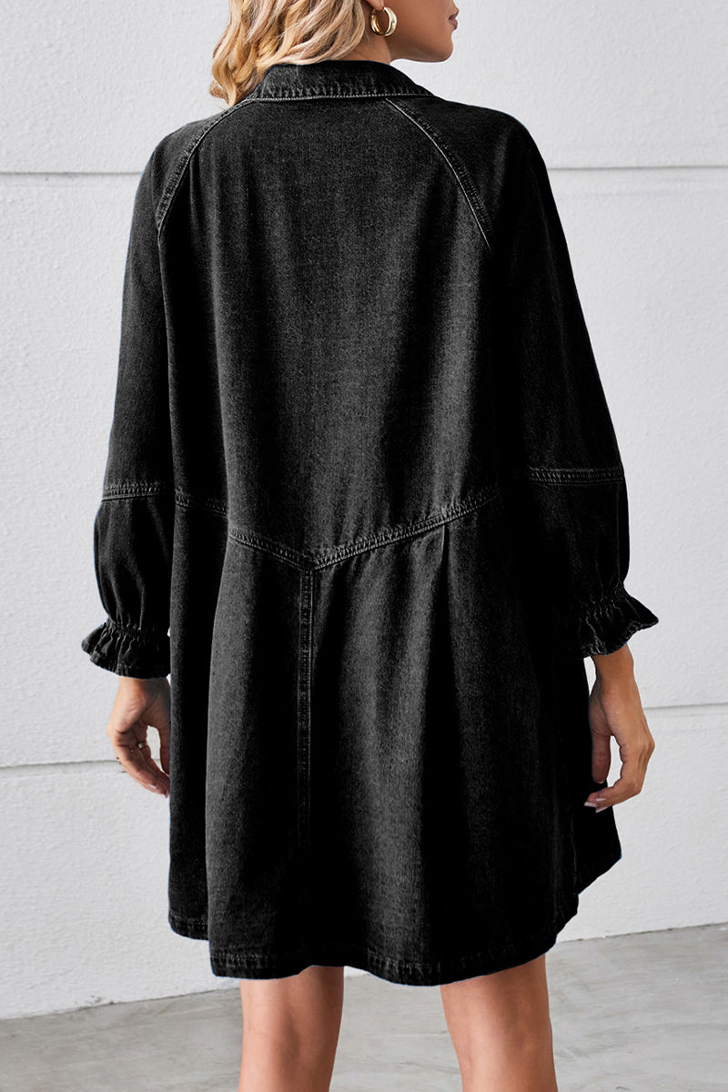 Vestidos vaqueros holgados informales de manga larga con cuello vuelto y desgastado (3 colores)