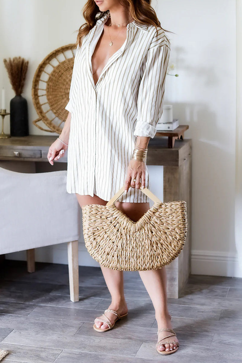 Vestidos camiseros casuales con cuello vuelto, hebilla y estampado de rayas