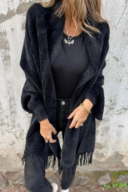 Prenda de abrigo informal con cuello chal esponjoso y ribete de flecos (3 colores)