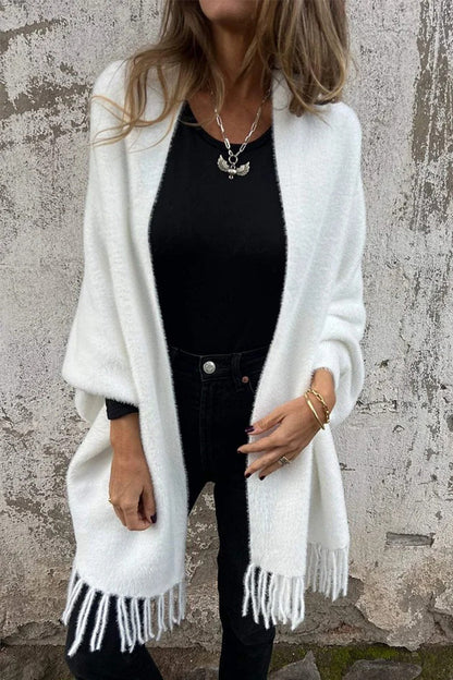 Prenda de abrigo informal con cuello chal esponjoso y ribete de flecos (3 colores)