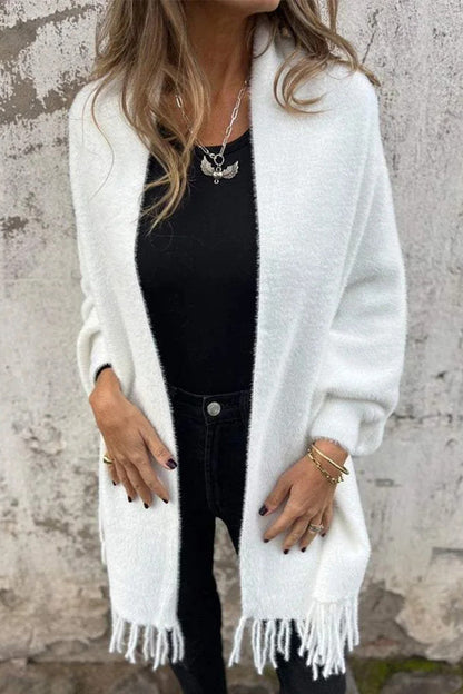 Prenda de abrigo informal con cuello chal esponjoso y ribete de flecos (3 colores)