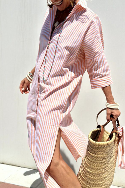 Vestidos camiseros informales con cuello vuelto, botones y cordones con estampado geométrico